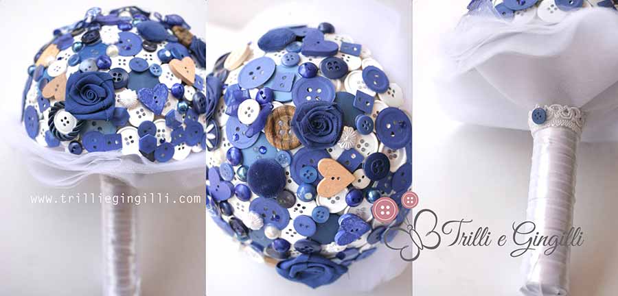 Bouquet a tema mare con bottoni blu e conchiglie