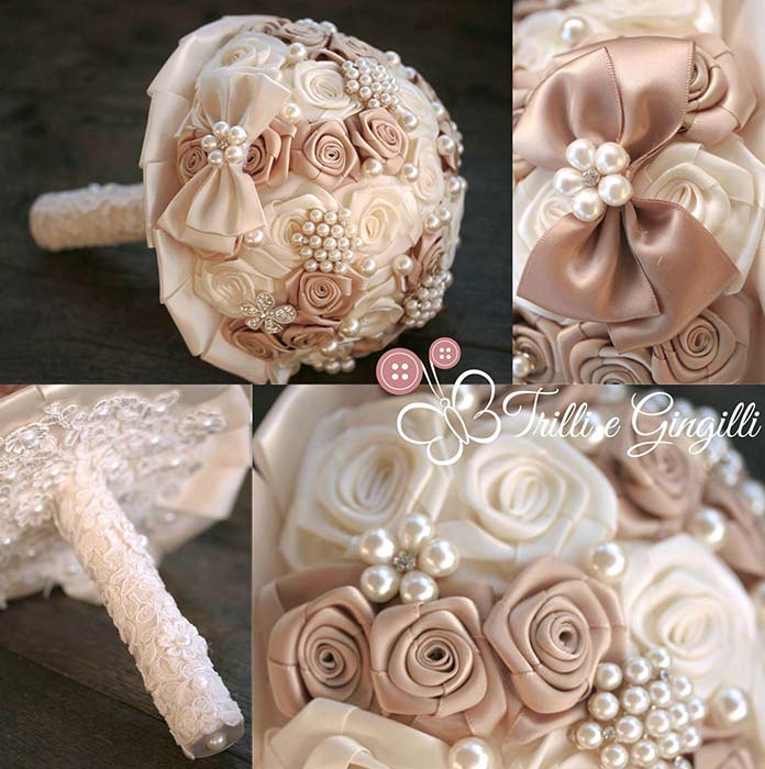 Bouquet gioiello con rose di raso e perle