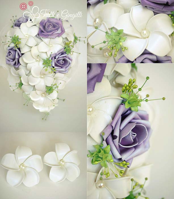 bouquet glicine sposa a cascata con rose e frangipani