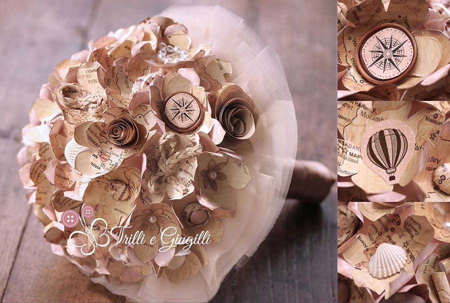 Bouquet con cartine vintage per matrimonio a tema viaggio di 4 Matrimoni Italia