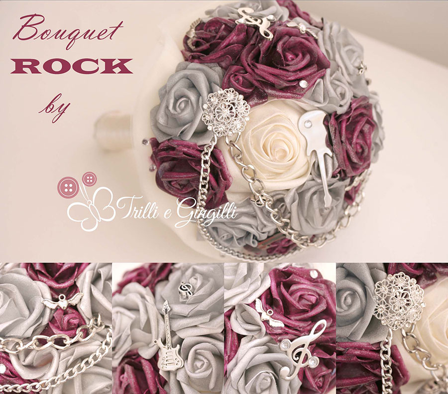 Bouquet gioiello a tema musica rock con rose