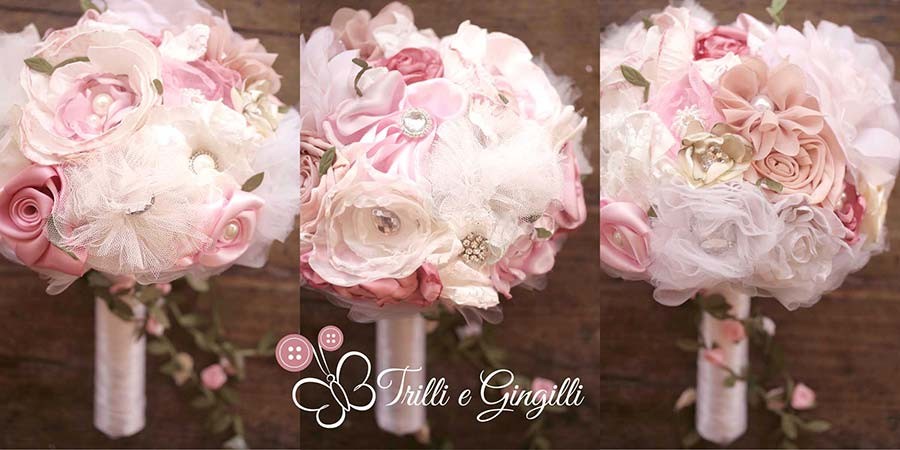 Bouquet boho chic di stoffa e pon pon rosa e bianco