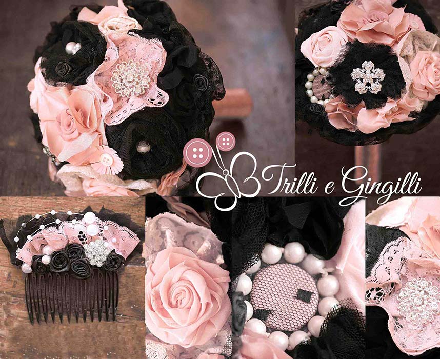 Set coordinato bouquet e accessori rosa e nero