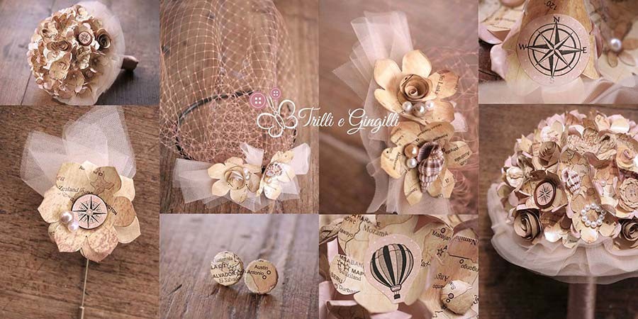 Accessori coordinati per bouquet a tema viaggio vintage