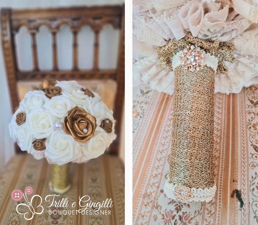 bouquet sposa particolare rose bianche bronzo