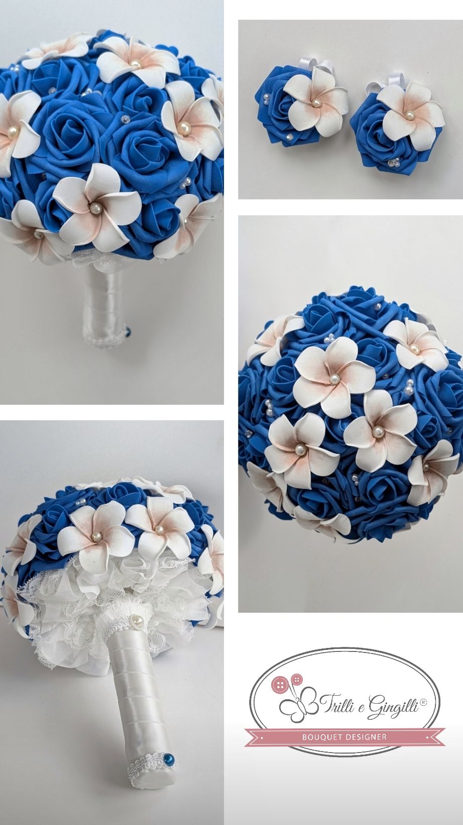 bouquet blu con rose e frangipani