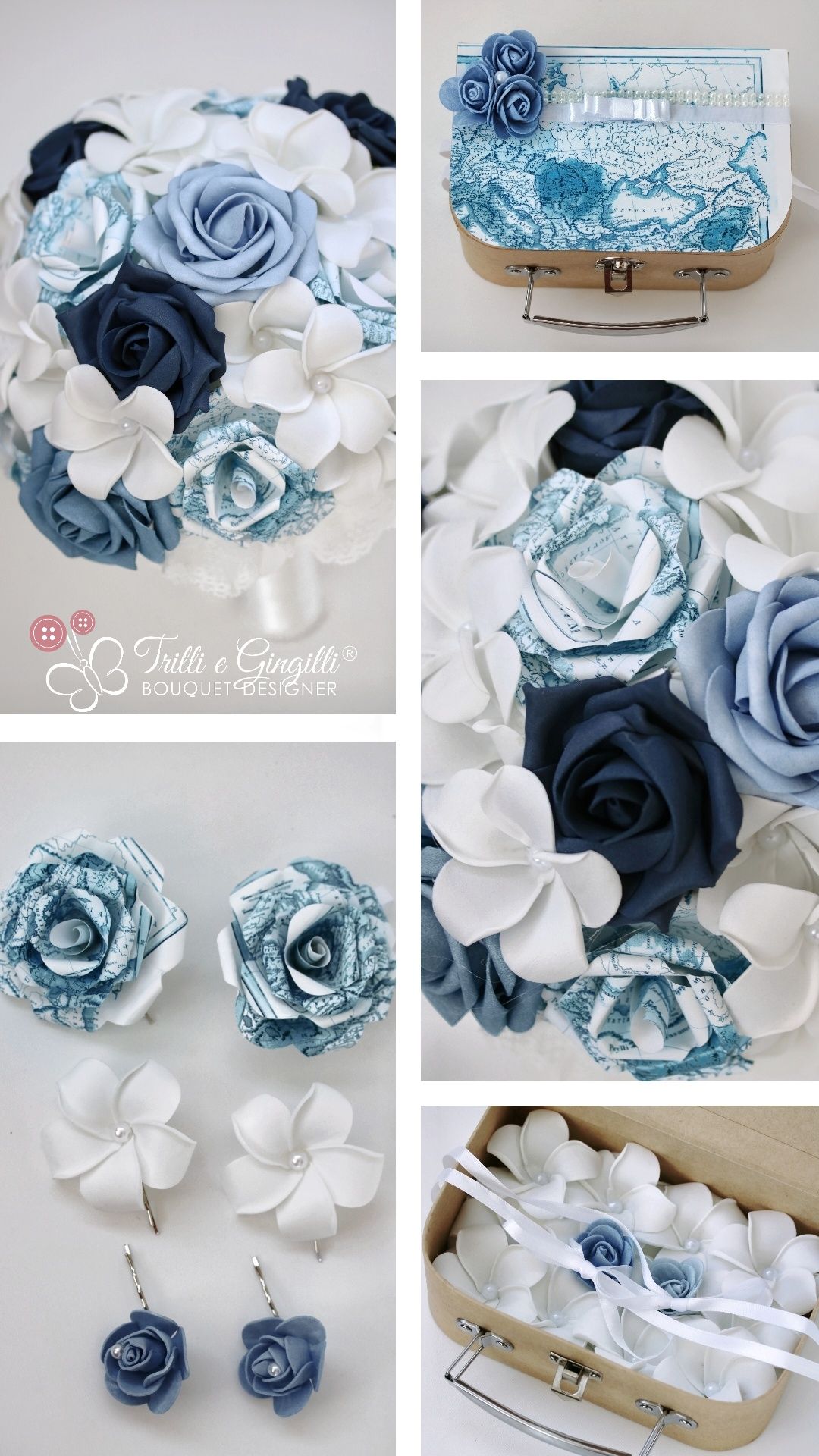 bouquet blu a tema viaggio con accessori coordinati