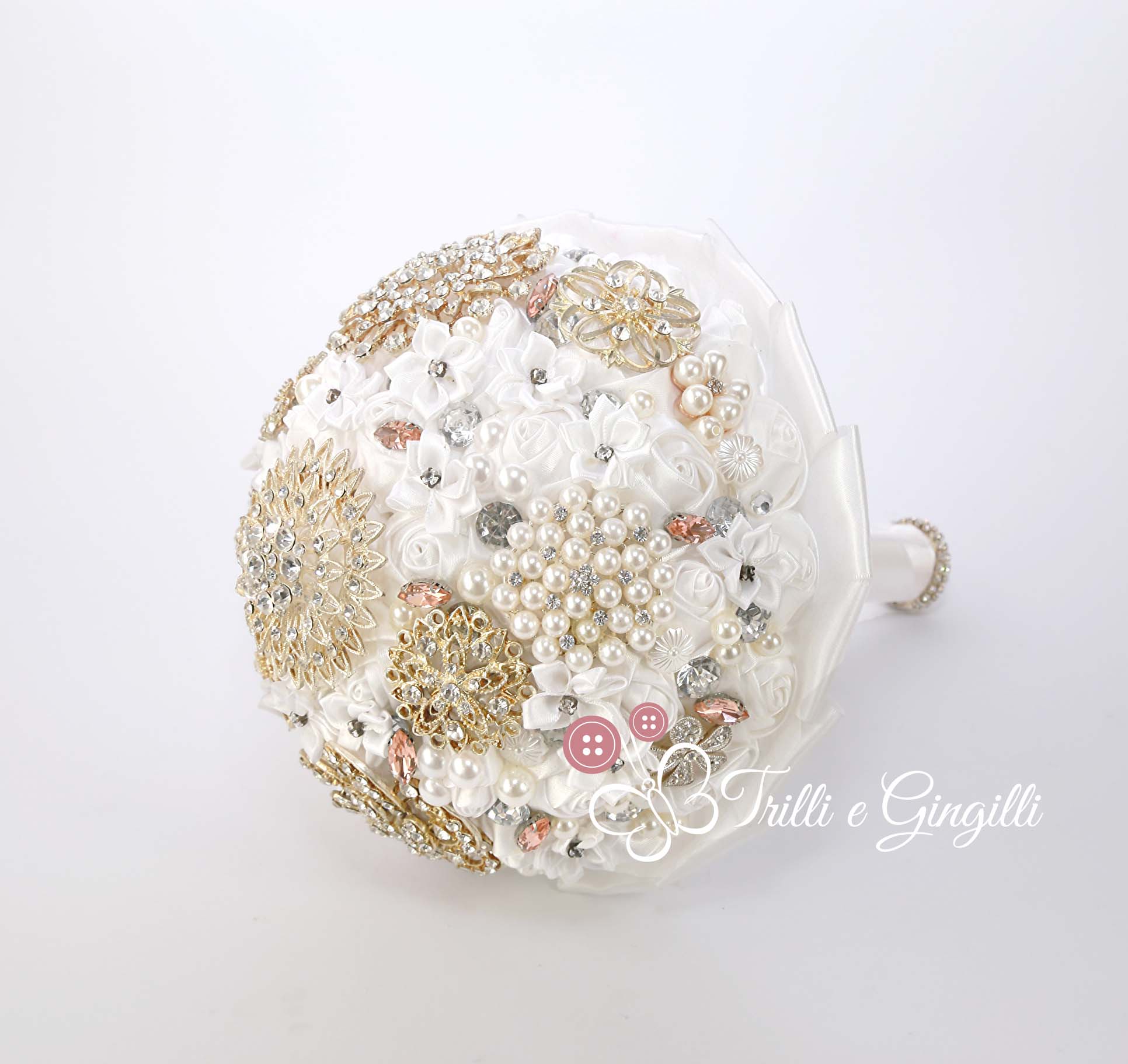 Bouquet Gioiello Bianco Con Perle E Strass Trilli E Gingilli