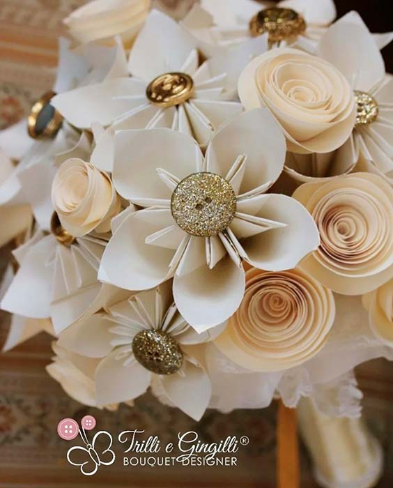 bouquet sposa invernale di carta bianca e oro