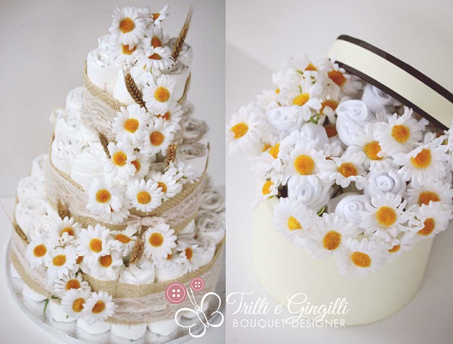 torta pannolini e bouquet nascita calzini margherite