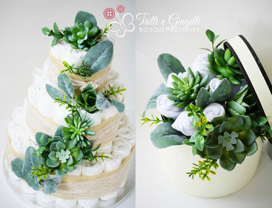 torta pannolini e flower box con calzini e piante grasse