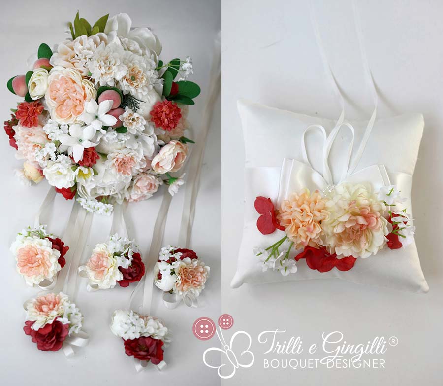 portafedi coorinato al bouquet sposa e ai corsage delle damigelle