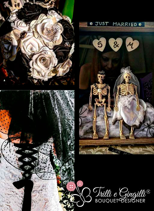 matrimonio tema halloween e musica rock con bouquet nero e bianco